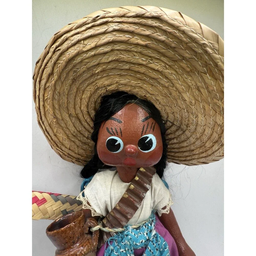 Vintage Jamaican Village Lady Blue Dress Doll w/ Papoose Floppy Hat & Water Jug